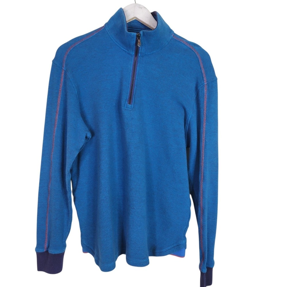 ROBERT GRAHAM Sweater Mens Medium Blue Cotton Waffle Knit 1/4 Zip Pullover